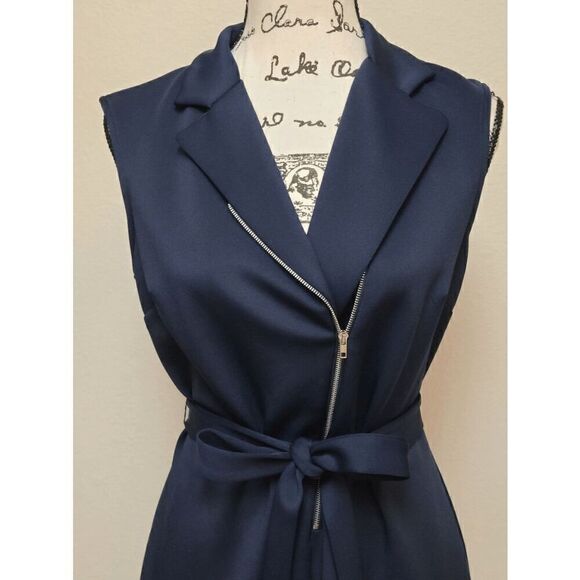 💙 EN FOCUS STUDIO Sleeveless Belted Moto Sheath Navy Blue Dress SIZE 8 - Picture 8 of 10